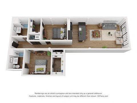 Floor plan for 2 beds, 2 baths, 1037 sqft